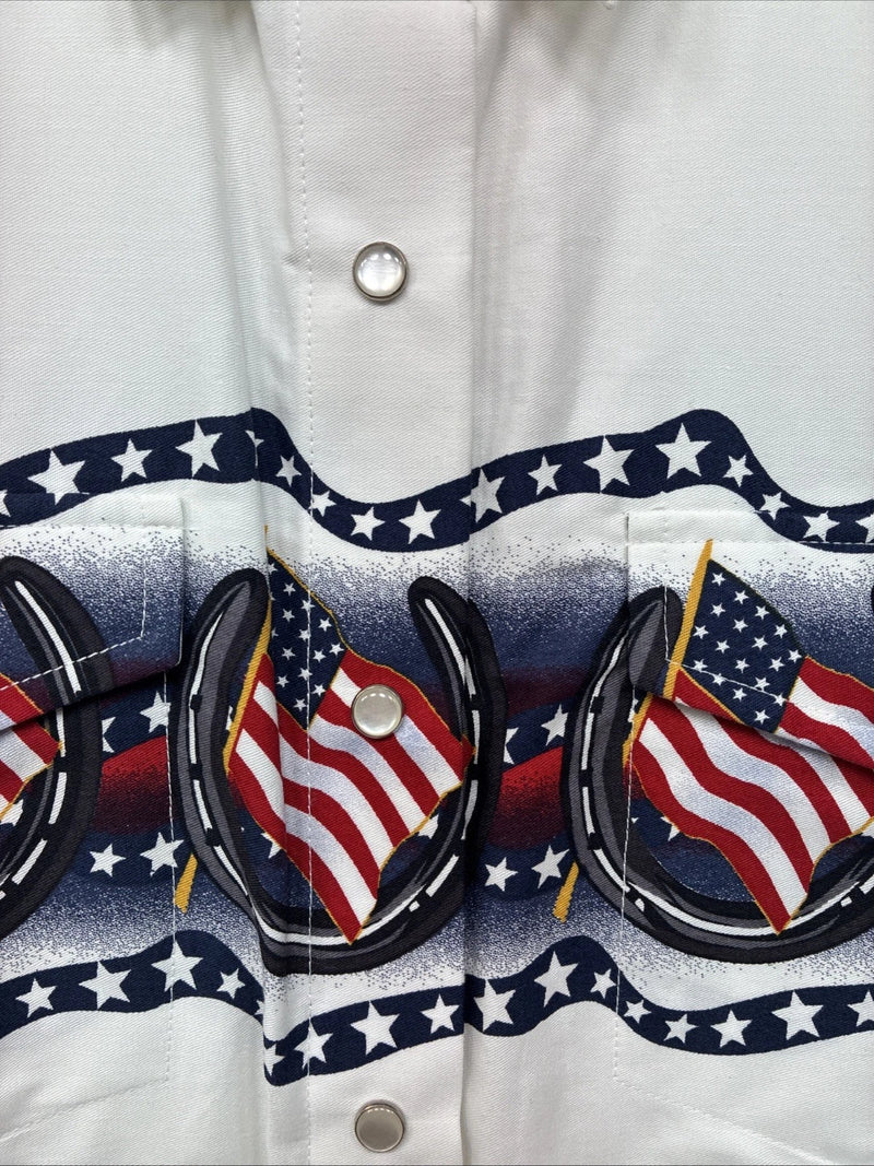 New Women’s Cumberland White Flag Design Short Sleeve Pearl Snap Large II-67