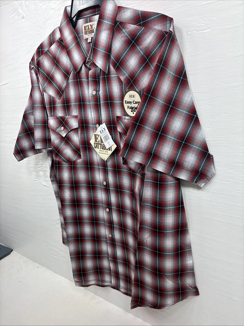 New Men’s ELY Cattleman Red Gray Plaid Short Sleeve Pearl Snap XL M-51