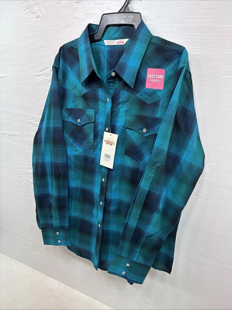 New Women’s Cumberland Blue Plaid Long Sleeve Pearl Snap 1XL Plus DD-16