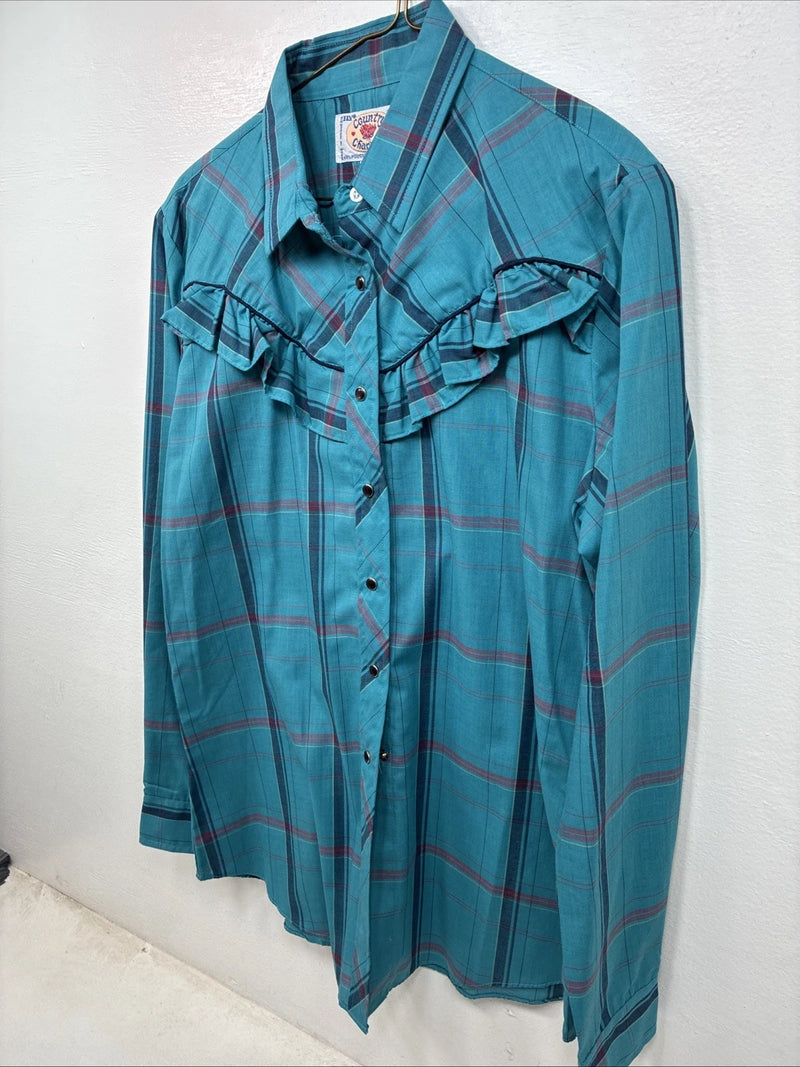 New Women’s Country Charmers Blue Plaid Long Sleeve Pearl Snap Size Large YY-117