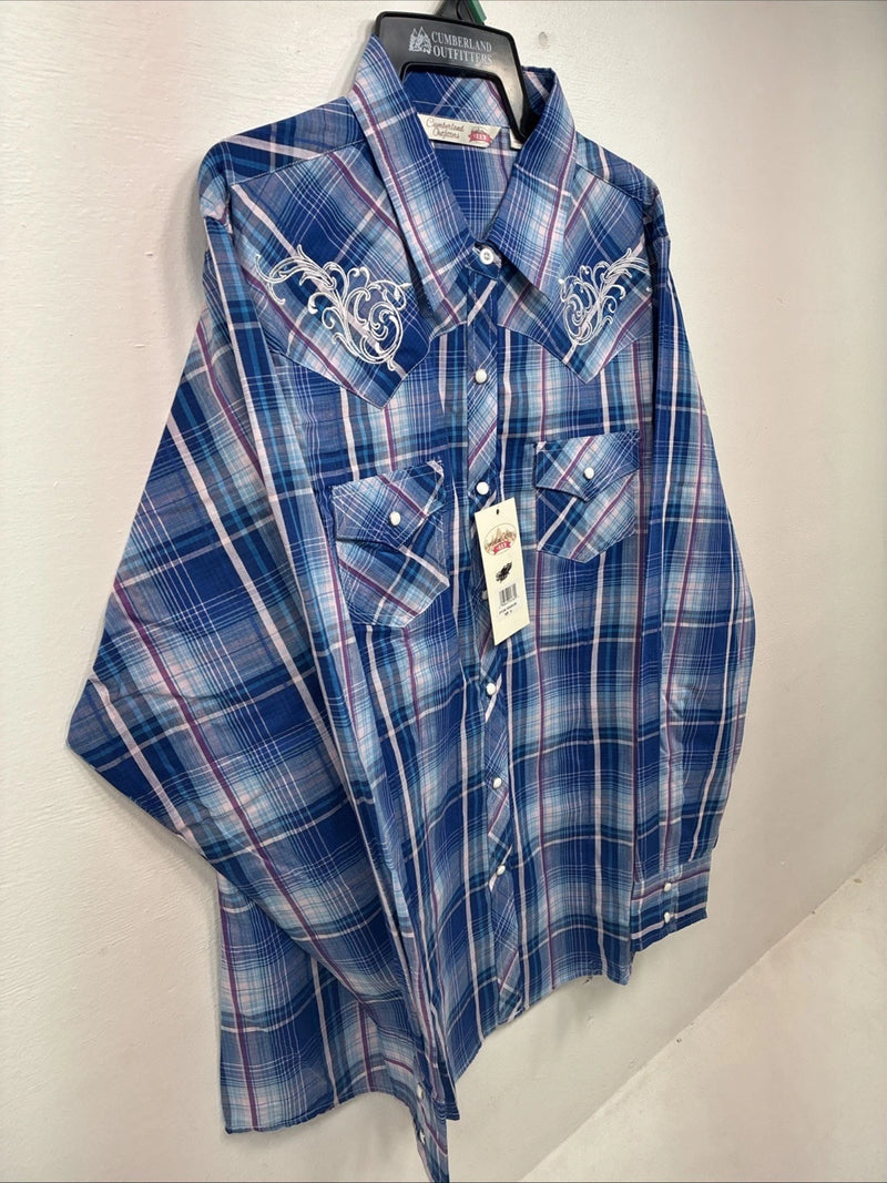 New Women’s Cumberland Blue Plaid Long Sleeve Pearl Snap XL GG-59