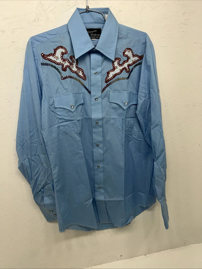 New Men’s Blue Champion Pearl Snap Western Long Shirt. 15.5 X 34 Medium A-177