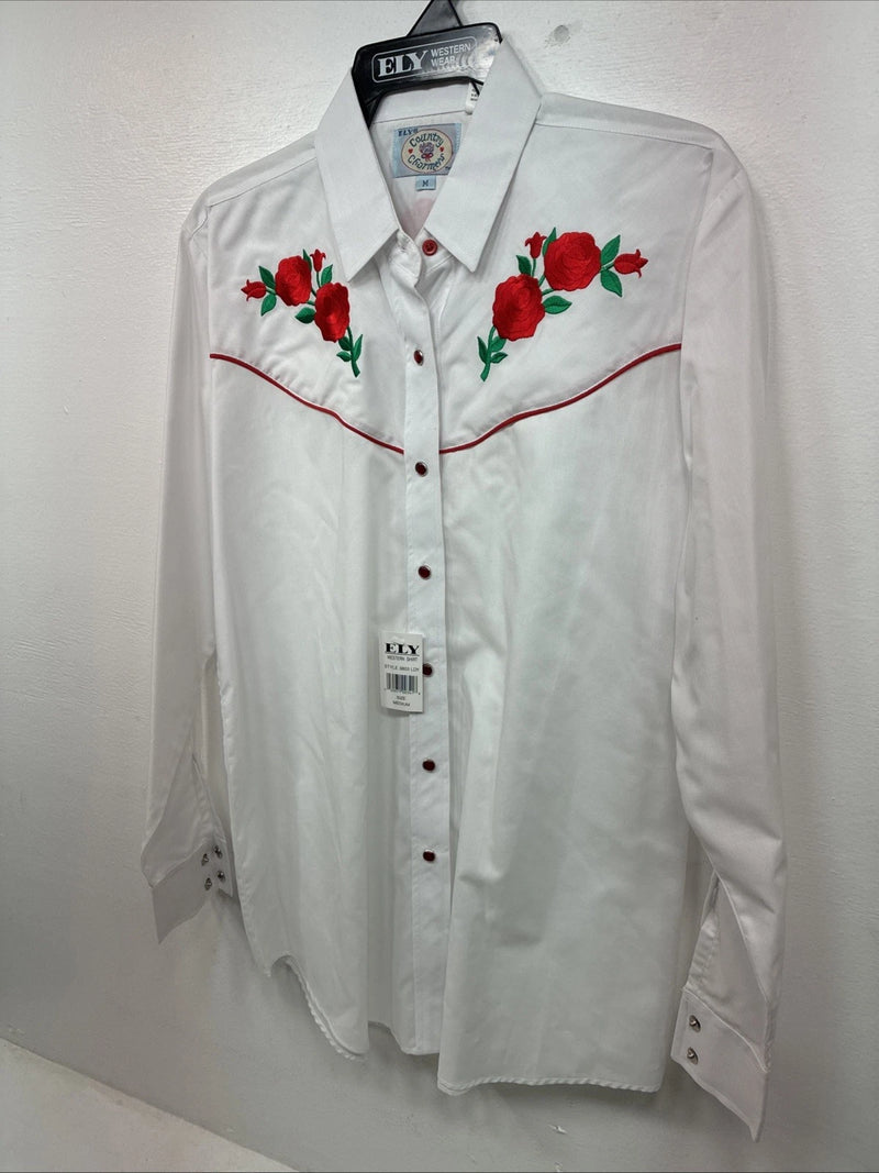 New Women’s Country Charmers White Rose Long Sleeve Pearl Snap Medium LL-55