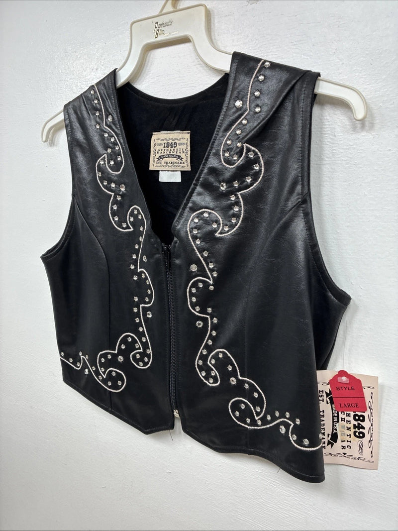 New Women’s 1848 RanchWear Black Rhinestone Sleeveless Vest Zip Up Large YY-43