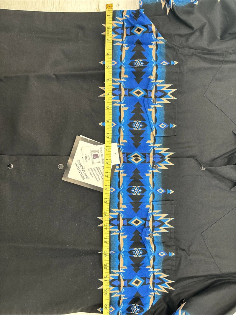 New Men’s Cumberland Black Blue Design Long Sleeve Pearl Snap Large CC-55