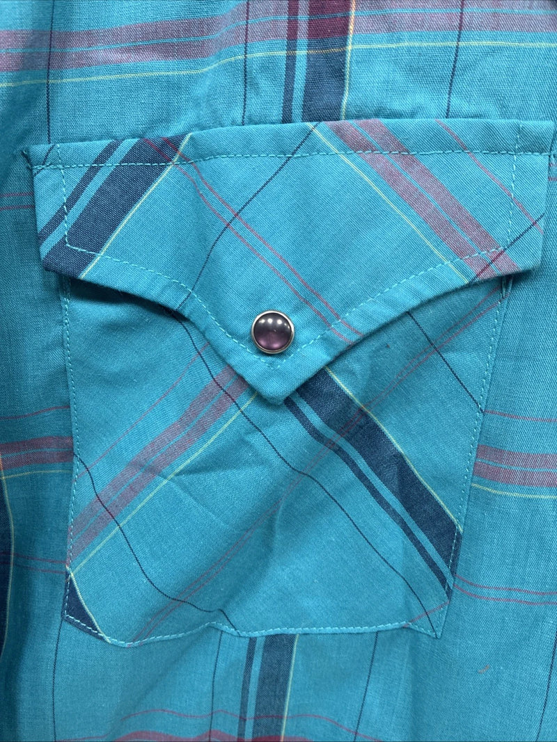 New Men’s ELY Diamond Blue Plaid Long Sleeve Pearl Snap Large X-73