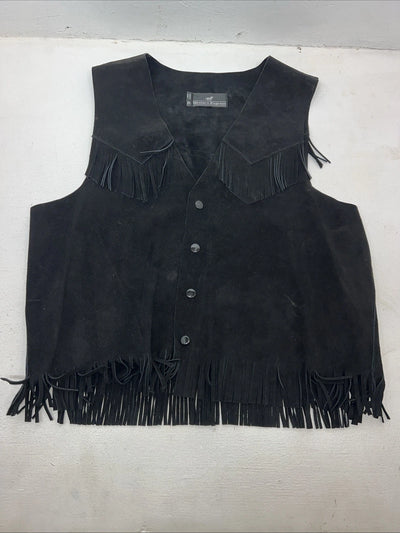 New Women’s Western Express Black Leather Fringe Biker Vest XL L-605
