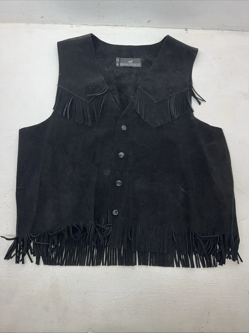 New Women’s Western Express Black Leather Fringe Biker Vest XL L-605