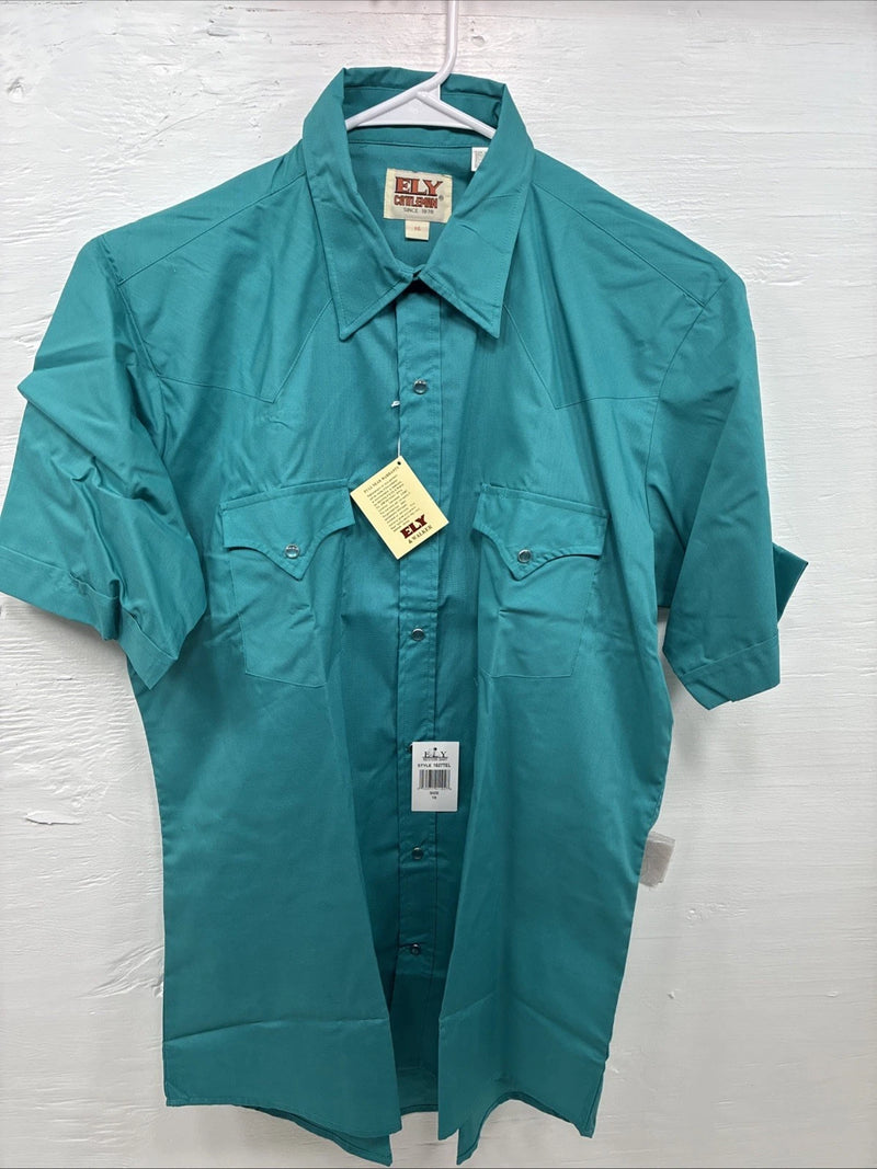 New Men’s ELY Cattleman Teal Short Sleeve Pearl Snap 16 Large X-63