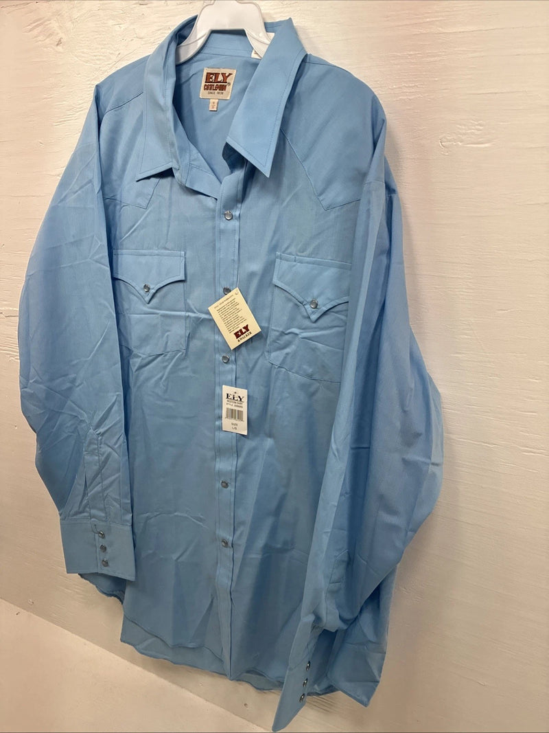 New Men’s ELY Cattleman Blue Long Sleeve Pearl Snap 18 X 35 2XL CC-5
