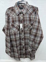 New Men’s White Horse Brown Plaid Long Sleeve Pearl Snap XL O-48