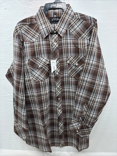 New Men’s White Horse Brown Plaid Long Sleeve Pearl Snap XL O-48