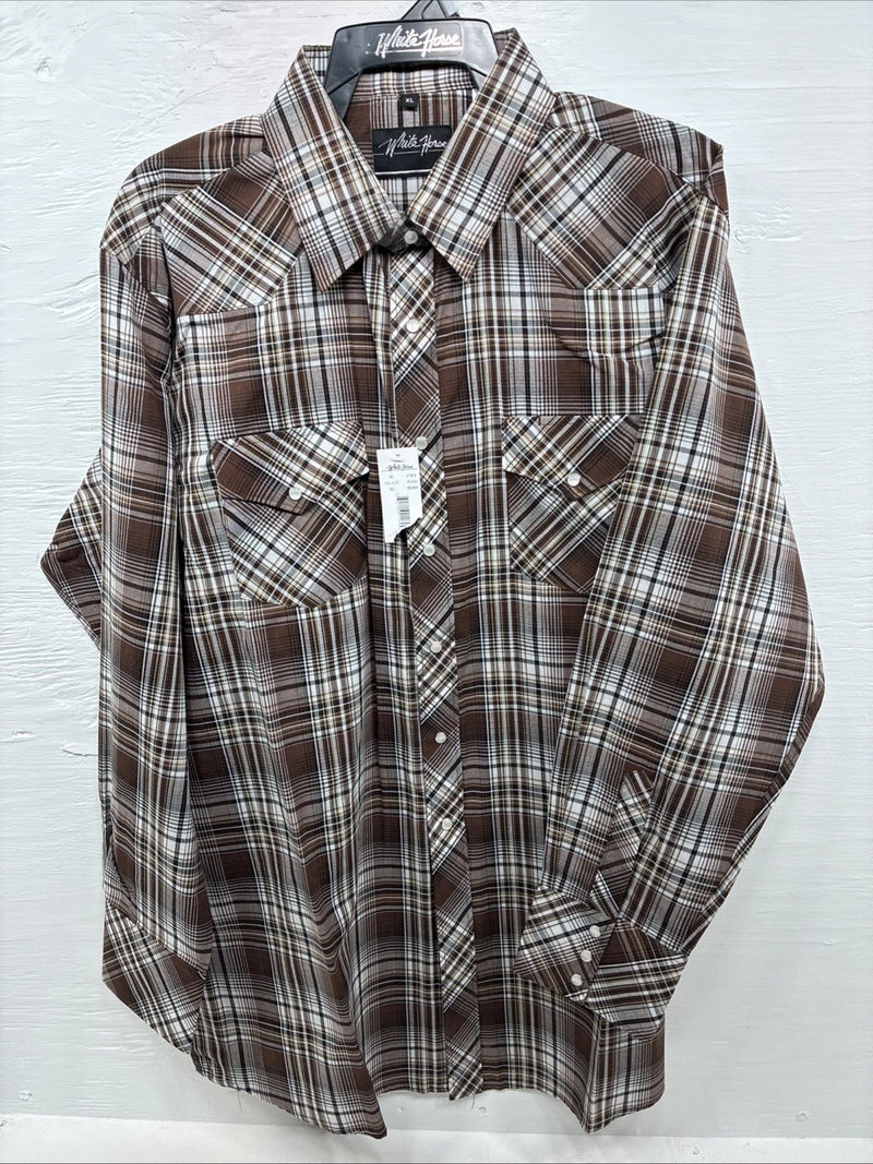 New Men’s White Horse Brown Plaid Long Sleeve Pearl Snap XL O-48
