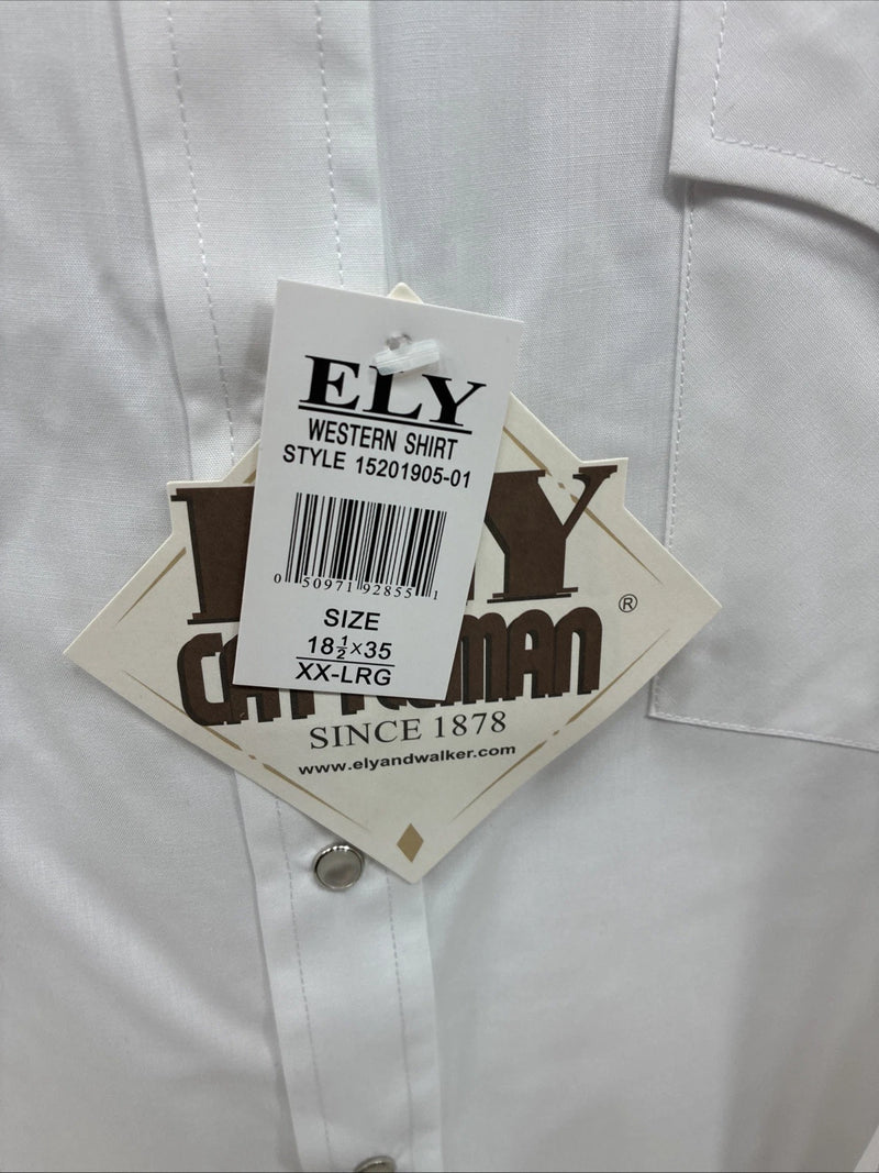 New Men’s ELY Cattleman White Long Sleeve Pearl Snap 18.5 X 35 2XL F-77