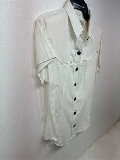 New Women’s Denum Jeans White Short Sleeve Button Up Medium YY-122