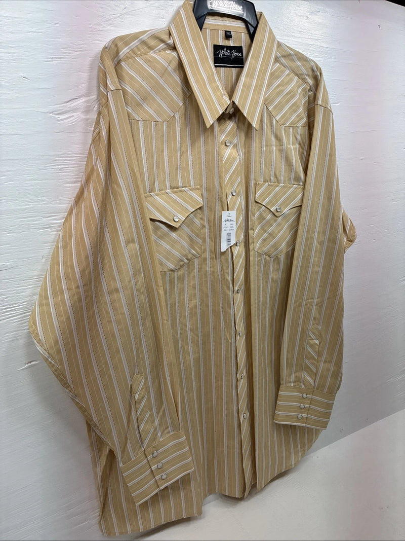 New Men’s White Horse Yellow Stripe Long Sleeve Pearl Snap 2XL H-27