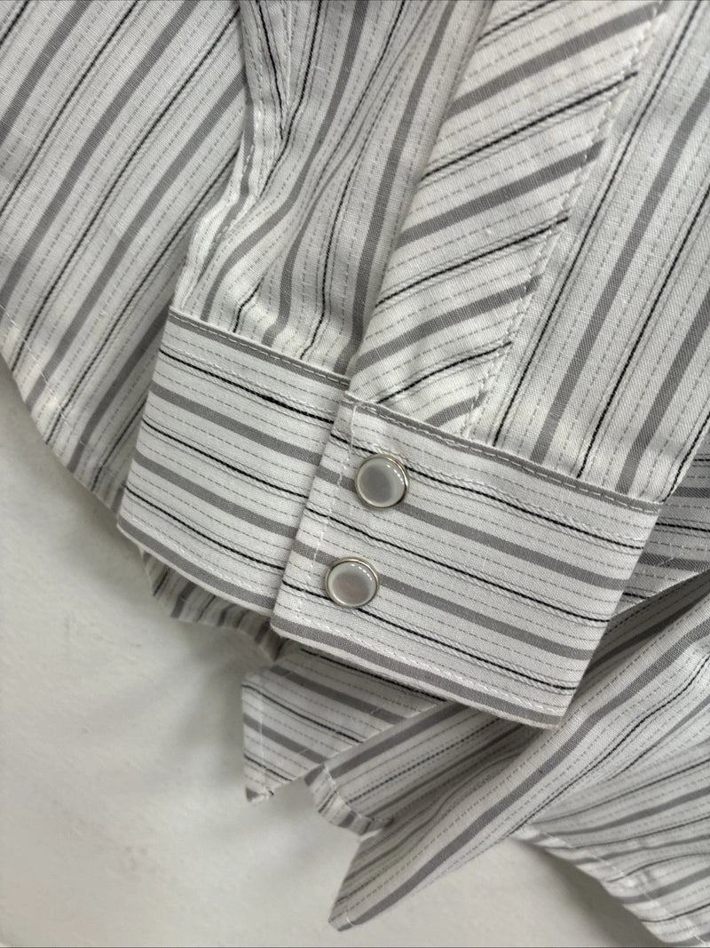 New Women’s White Horse Gray Stripe Long Sleeve Pearl Snap Medoum LL-105
