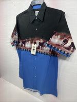 New Men’s ELY Cattleman Blue Black Horse Design Short Sleeve Pearl Snap Med J-96