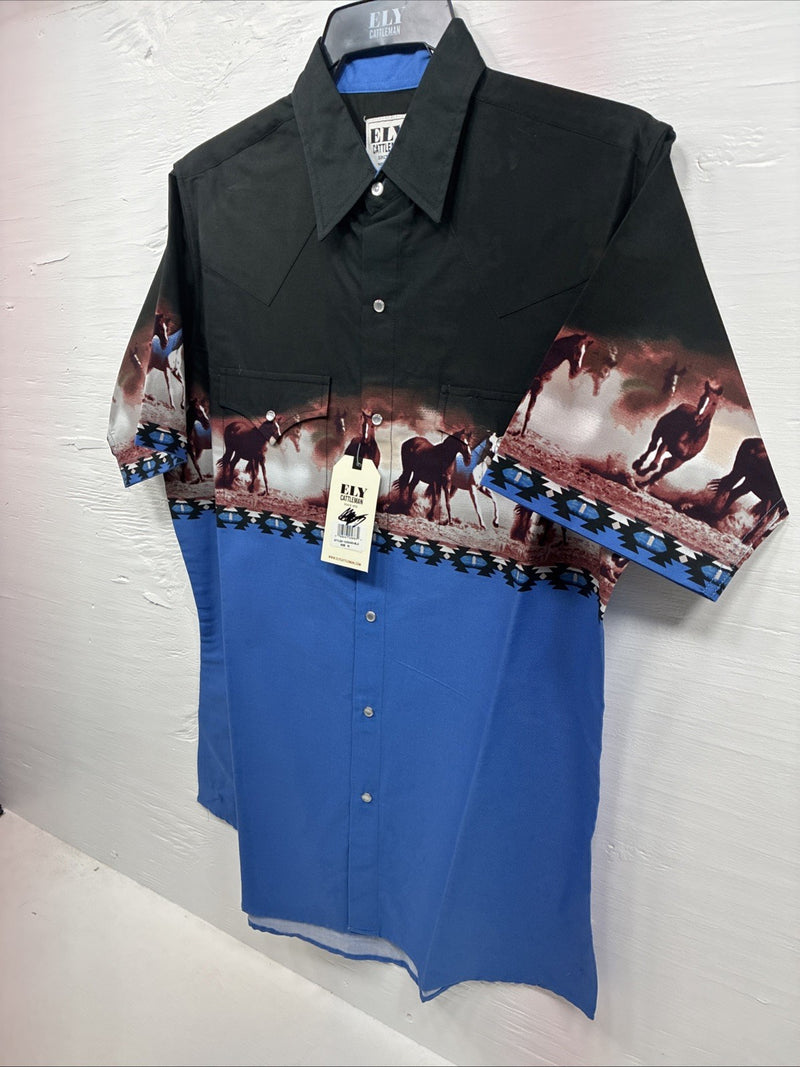 New Men’s ELY Cattleman Blue Black Horse Design Short Sleeve Pearl Snap Med J-96