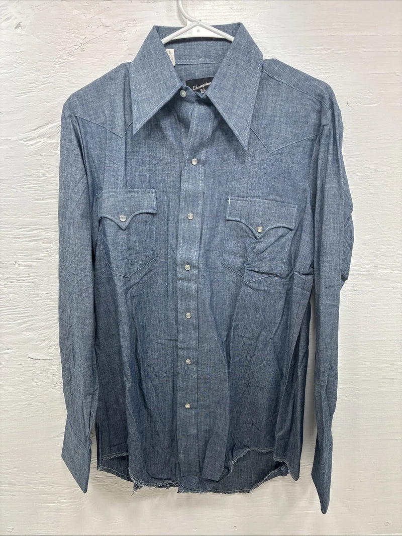 New Men’s Champion Western Jean Design Blue Long Sleeve Pearl Snap Medium M-29