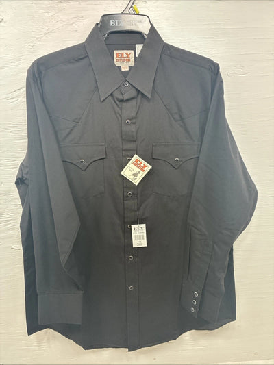New Men’s  ELY Cattleman Black Long Sleeve Pearl Snap 16.5 X 34 Large V1-100