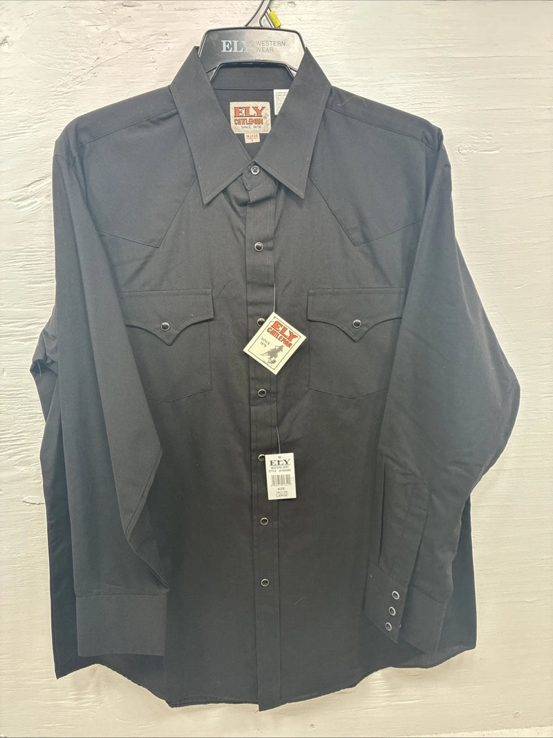 New Men’s  ELY Cattleman Black Long Sleeve Pearl Snap 16.5 X 34 Large V1-100