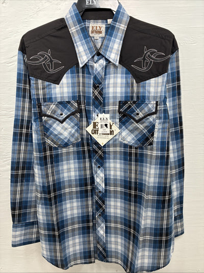 New Men’s ELY Cattleman Blue Black Flannel Long Sleeve Pearl Snap XL  H-64
