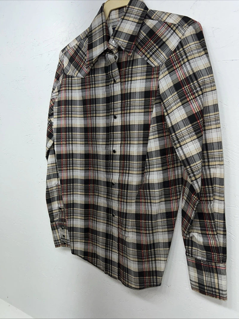 New Men’s Panhandle Slim Tan Plaid Pearl Snap Long Sleeve Shirt 10x32 Small I-27