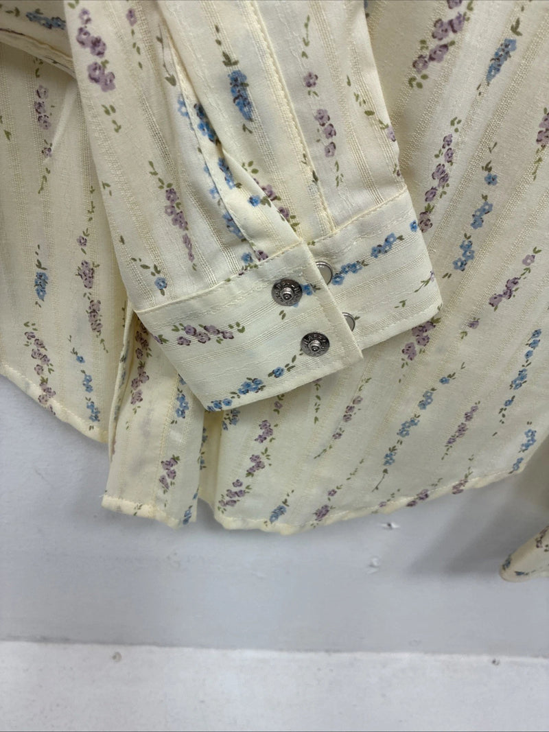 New Women’s White Horse Yellow Floral Long Sleeve Pearl Snap Medoum II-96