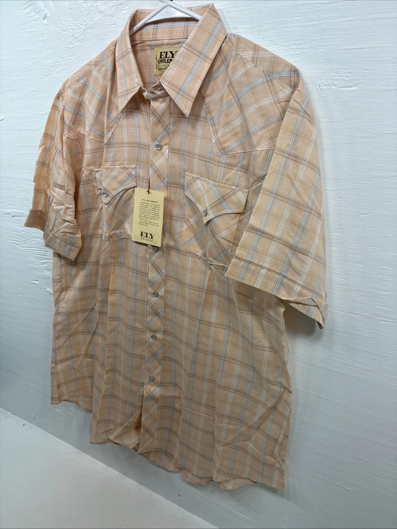 New Men’s ELY Cattleman Orange Plaid Short Sleeve Pearl Snap Large X-24