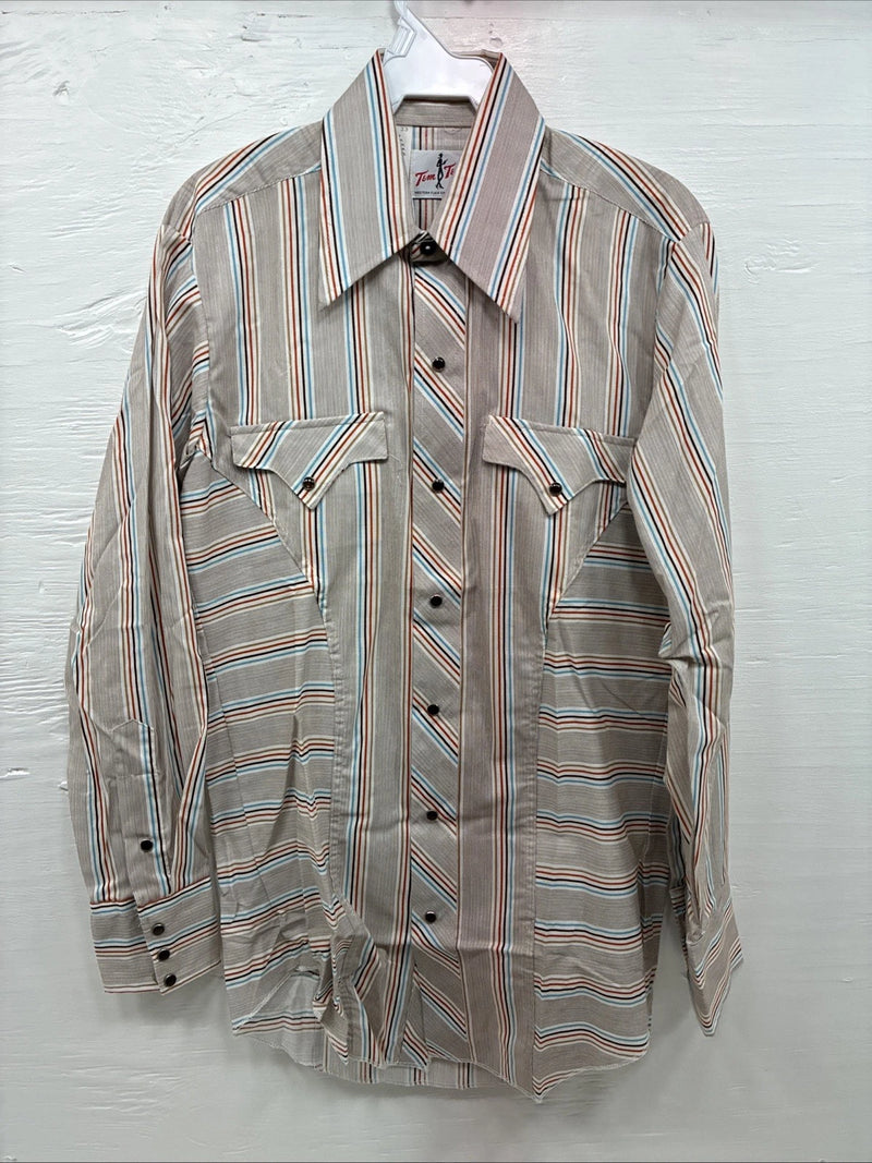 New Men’s Tem Tex Multicolor Stripe Long Sleeve Pearl Snap 14.5 X 33 Small V-8