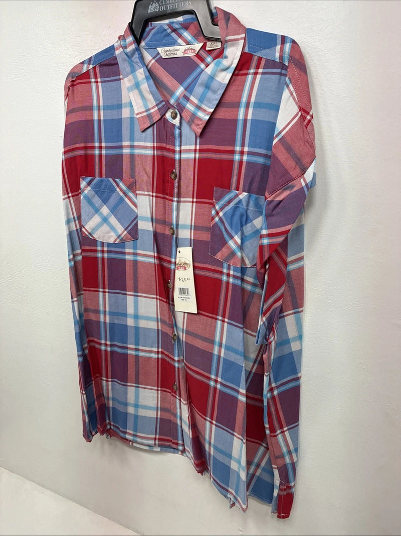 New Women’s Cumberland Red Blue Plaid Short Sleeve Button Up 2XL GG-22