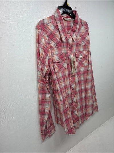 New Women’s Cumberland Pink Plaid Long Sleeve Pearl Snap Large GG-75