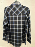 New Men’s ELY Cattleman Blue Black Plaid Long Sleeve Pearl Snap XL O-66