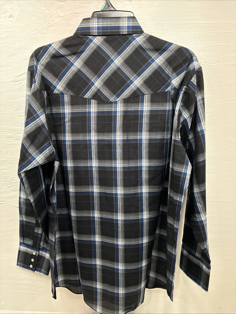 New Men’s ELY Cattleman Blue Black Plaid Long Sleeve Pearl Snap XL O-66