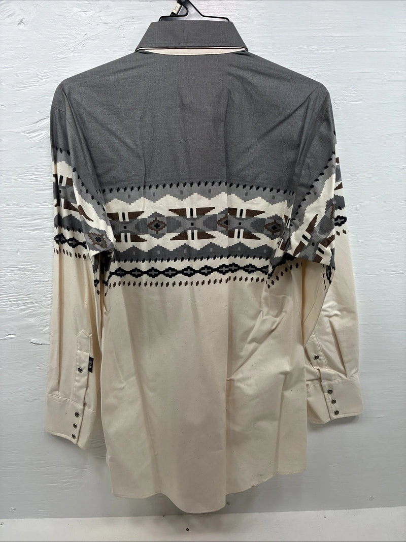 New Men’s Brooks & Dunn Tan Gray Design Long Sleeve Pearl Snap 16.5 Large V-25
