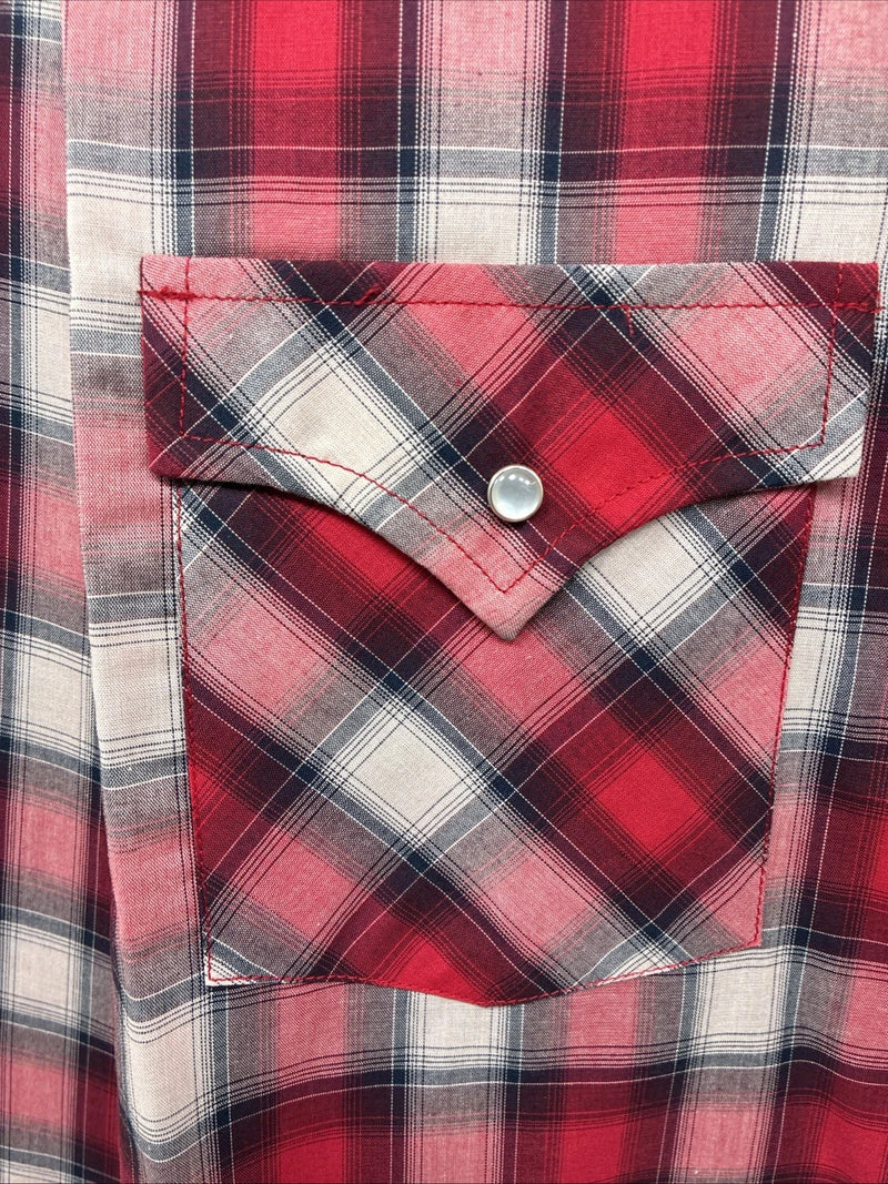 New Men’s ELY Cattleman Red Gray Plaid Long Sleeve Pearl Snap XLT T-7