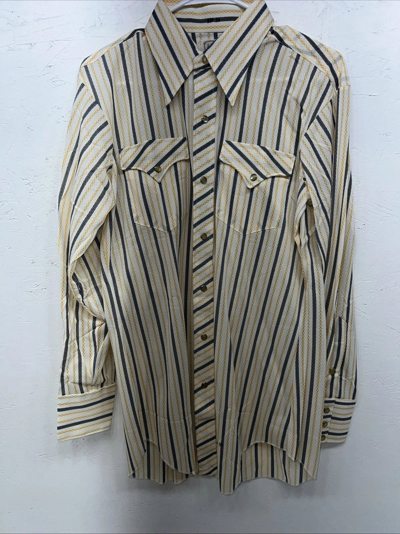 New Men’s Yellow Stripped HbarC Pearl Snap Long Sleeve Shirt 15.5x33 M I-31