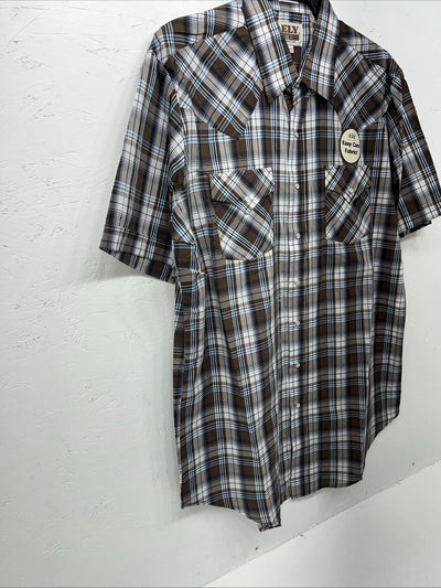 New Men’s Brown Plaid ELY Cattleman Short Sleeve Pearl Snap Shirt. XL Tall S-29