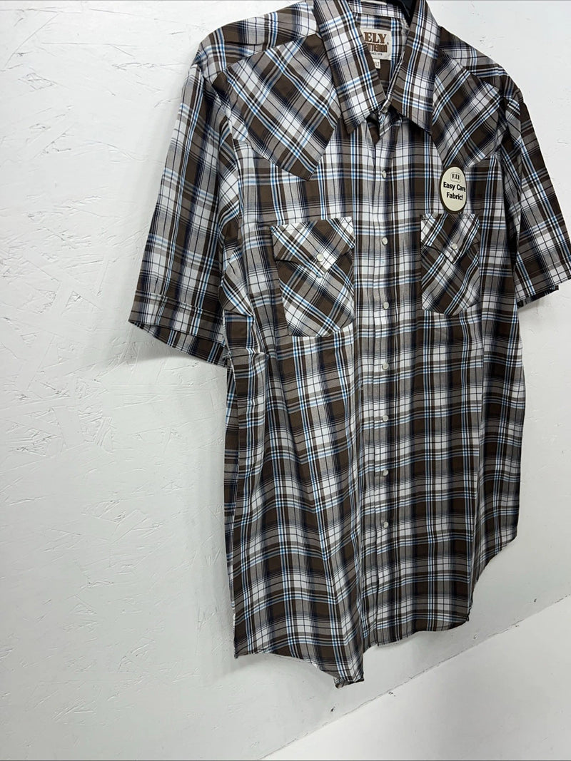 New Men’s Brown Plaid ELY Cattleman Short Sleeve Pearl Snap Shirt. XL Tall S-29
