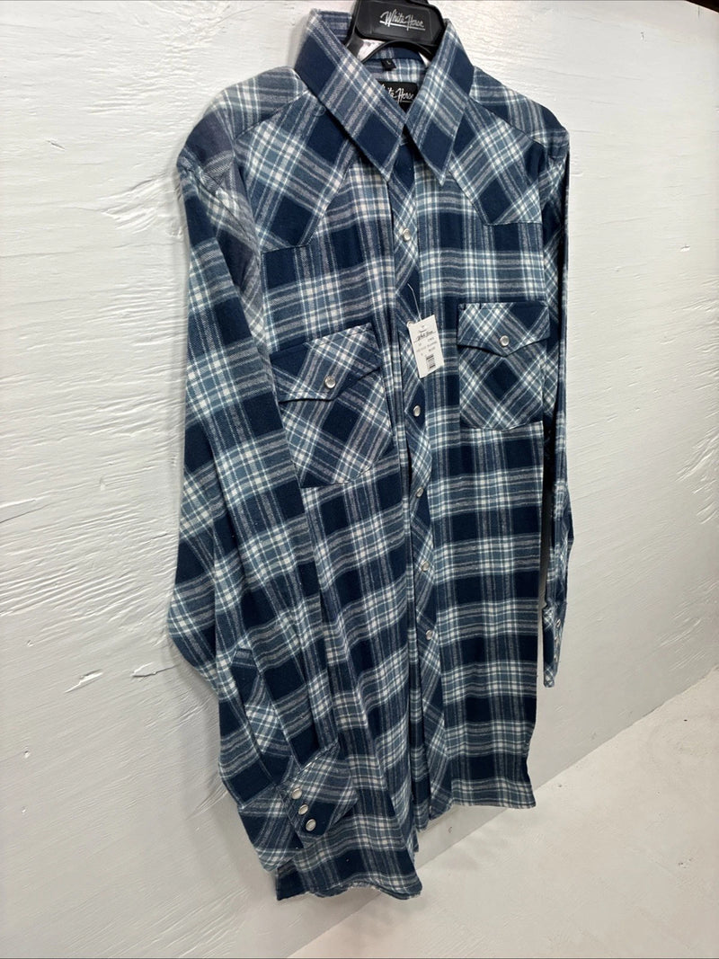 New Men’s White Horse Blue Plaid Long Sleeve Pearl Snap Large V-51