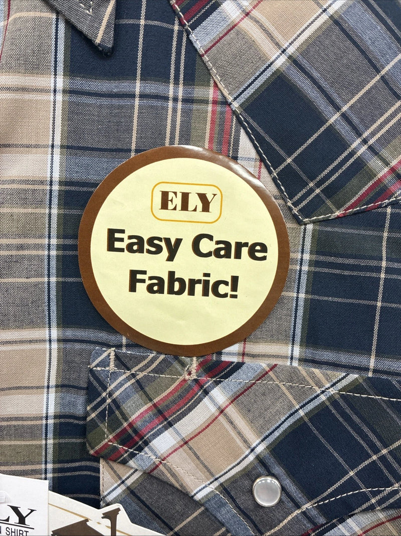 New Men’s ELY Cattleman Brown Blue Plaid Long Sleeve Pearl Snap XLT R-44