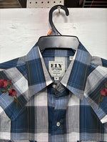 New Men’s ELY Cattleman Blue Gray Plaid Long Sleeve Pearl Snap Medium J-90