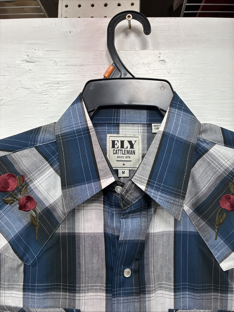 New Men’s ELY Cattleman Blue Gray Plaid Long Sleeve Pearl Snap Medium J-90