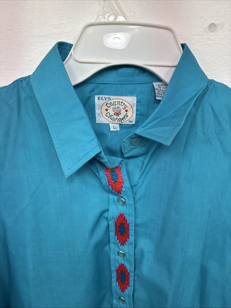 New Women’s Country Charmers Blue Long Sleeve Pearl Snap Large DD-68