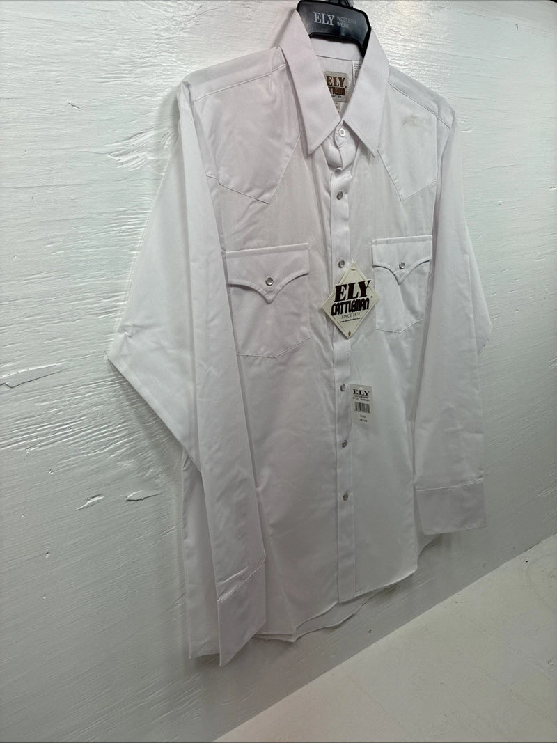 New Men’s ELY Cattleman White Western Long Sleeve Pearl Snap 16 X 35 Large T-62