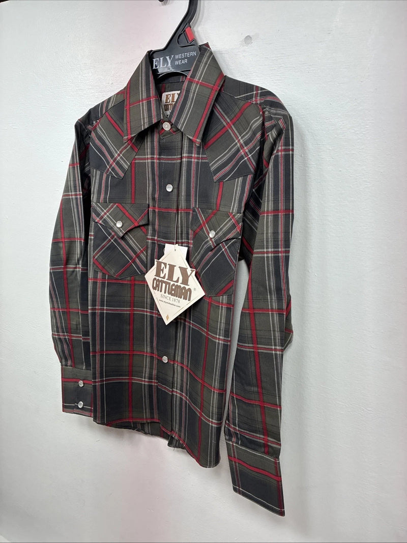 New Kids ELY Cattleman Green Plaid Long Sleeve Pearl Snap Small DD-127