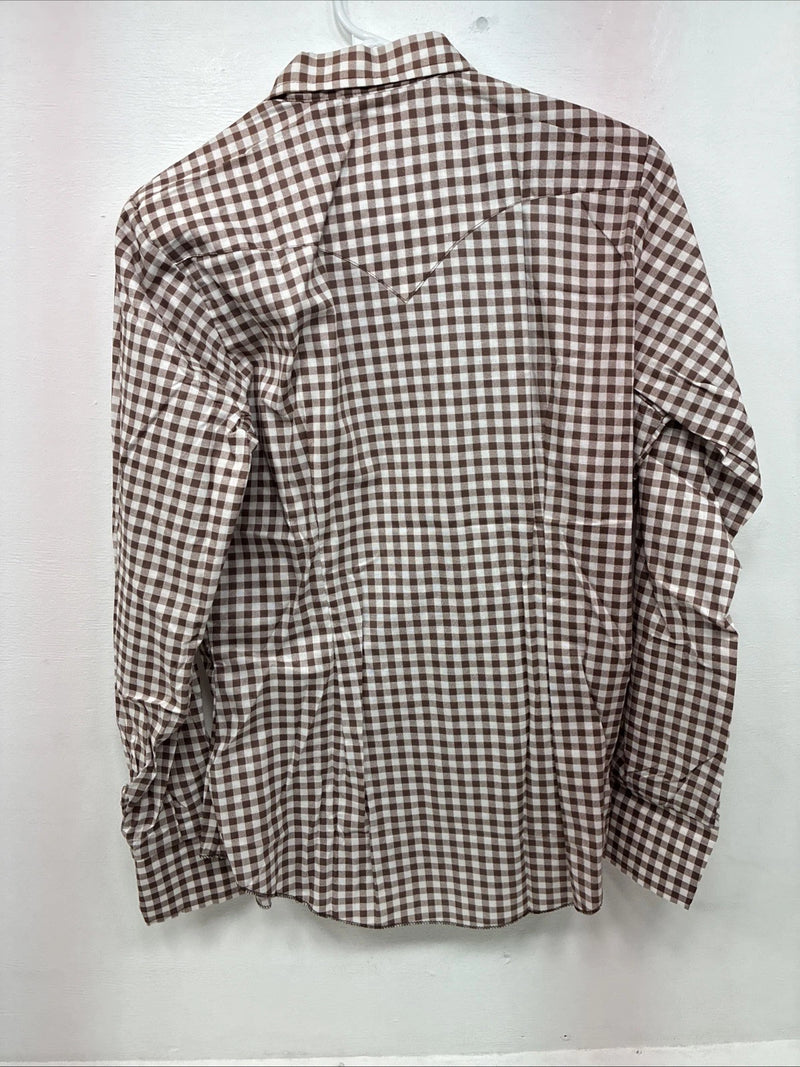 New Women’s Karman Brown Checkered Long Sleeve Pearl Snap Size 38 II-88