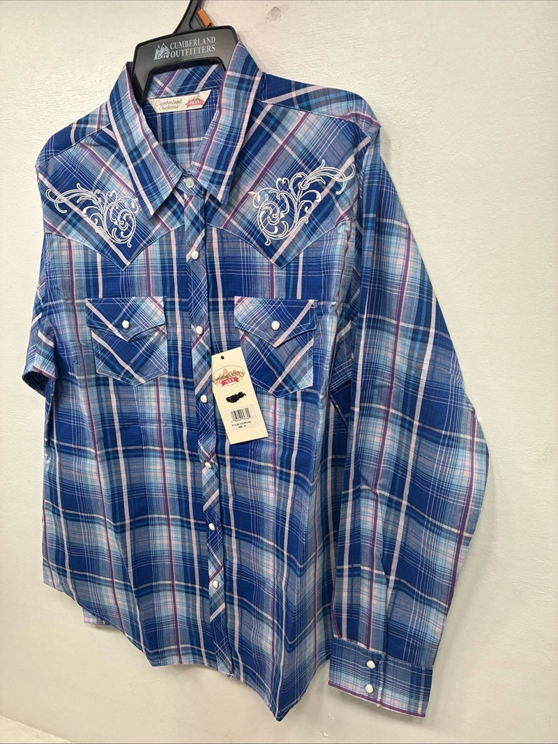 New Women’s Cumberland Blue Purple Plaid Long Sleeve Pearl Snap Medium KK-96