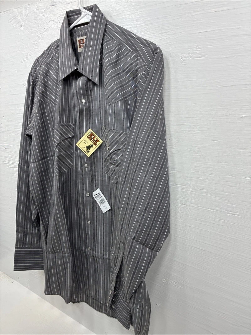 New Men’s ELY Cattleman Gray White Stripe Long Sleeve Pearl Snap 16 Large Q-39